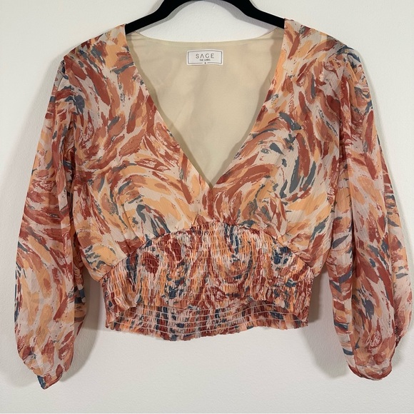 Anthropologie x Sage the Label Boho Smocked V Neck Blouse Cropped Size Small - Picture 1 of 10